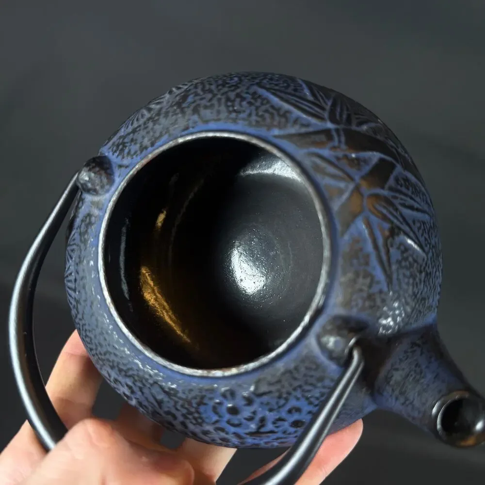 Japanese blue Cast Iron Teapot Black Bamboo Design Heavy